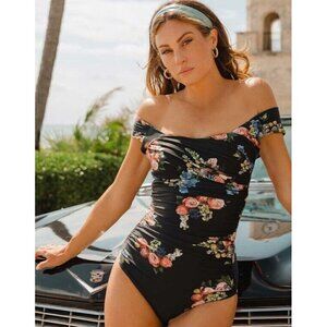 New Albion Rose Black One Piece Swimsuit Womens XL Off Shoulder